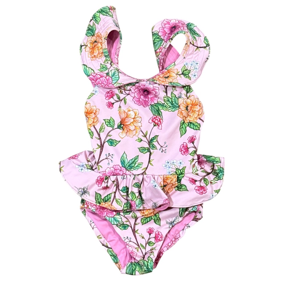 Dondolo Girls Pink Floral One Piece Swimsuit Ruffle Peplum 2T UPF 50+